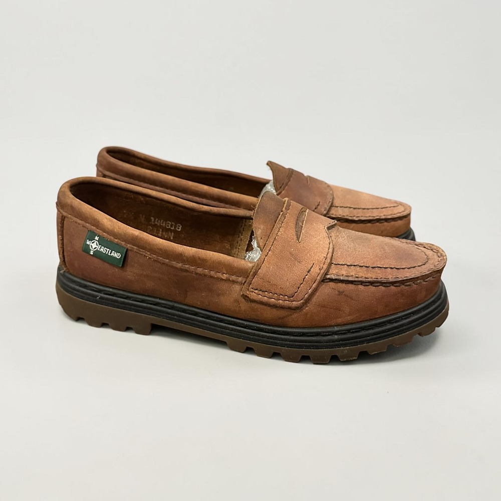 Vintage 90s Eastland USA Brown Leather Lug Sole Penny Loafers 7.5 M Gorpcore